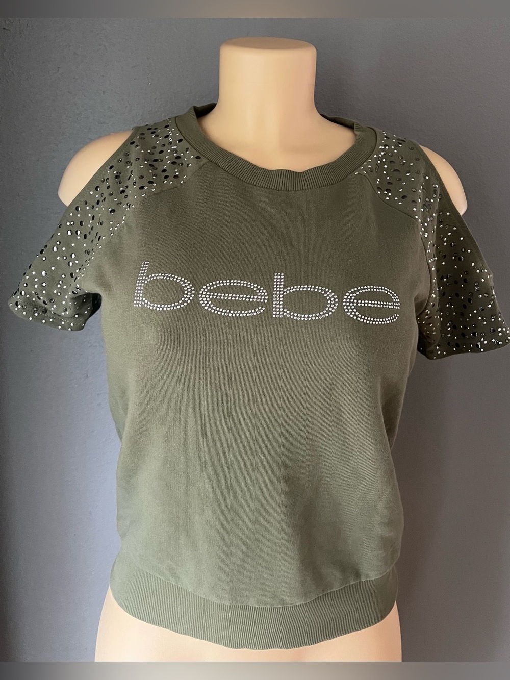 bebe Olive Green Cold-Shoulder Rhinestone Logo Sweatshirt